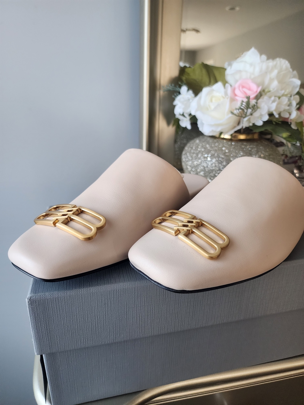 Authentic Balenciaga Cream Slip-On Mules with Gold BB Hardware